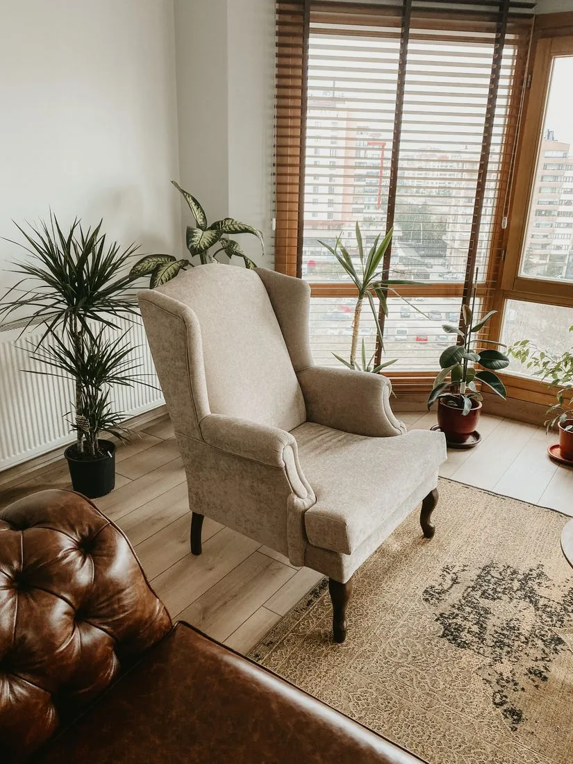 A calm, sunlit room with a comfortable armchair and plants